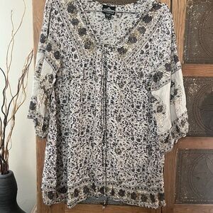 Angie Cream and Black Floral Boho Peasant Top
